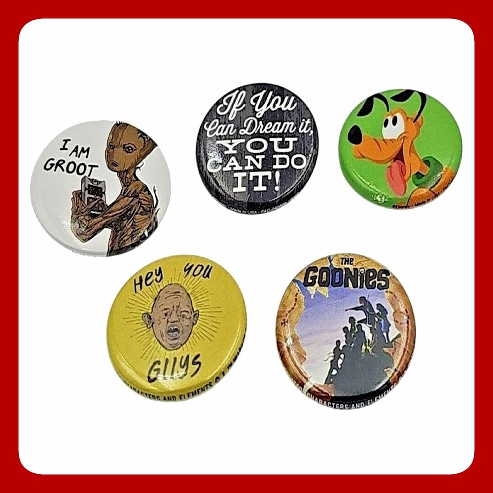 Disney Marvel Goonies 5pc Pinback Button Lot Groot Sloth Quote‎ Badge ECMA7144GS